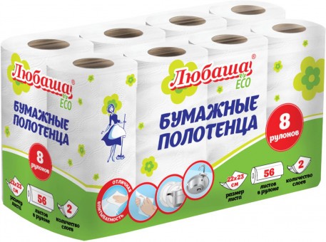 Полотенца бумажные 2-х слойные спайка 8 рулонов (8х13 м) ЛЮБАША ECO Полотенца бумажные 2-х слойные спайка 8 рулонов (8х13 м) ЛЮБАША ECO